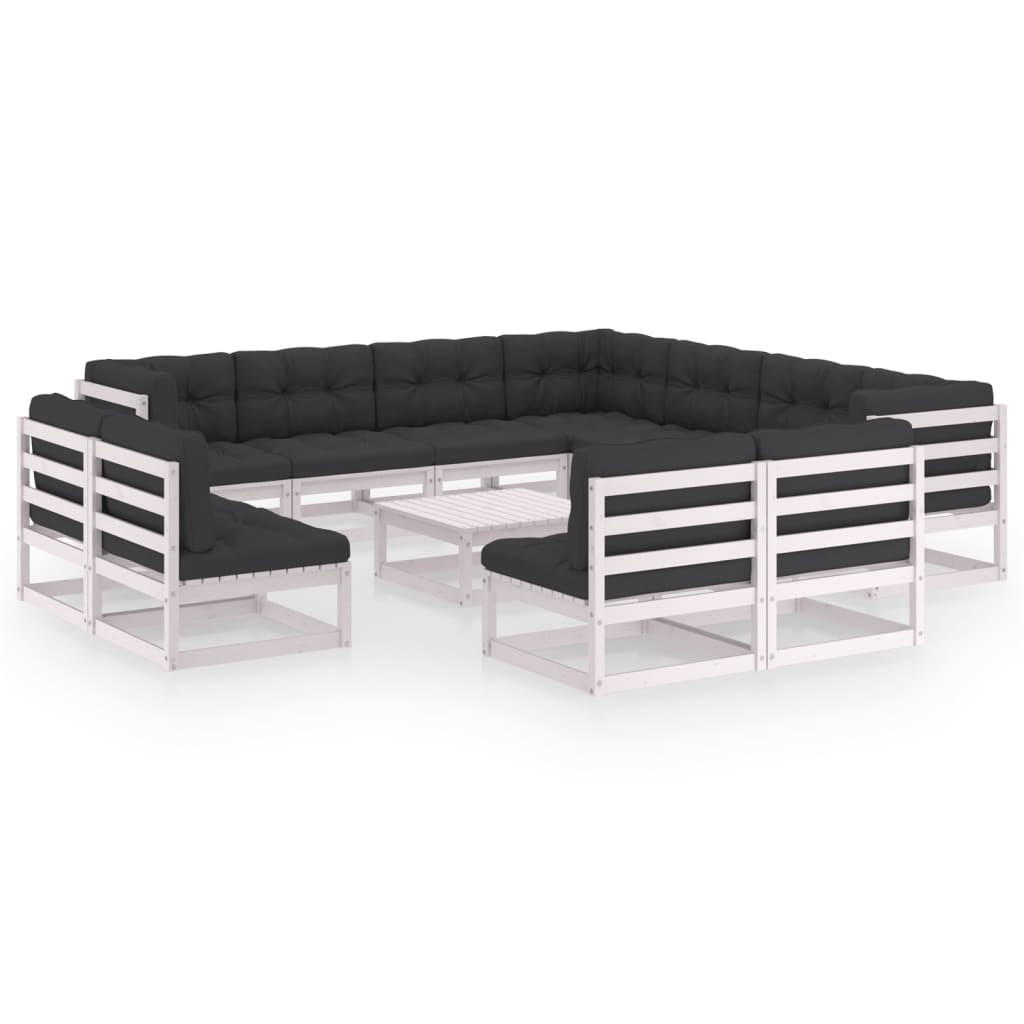 12-tlg. Garten-Lounge-Set mit Kissen Weiss Kiefer Massivholz